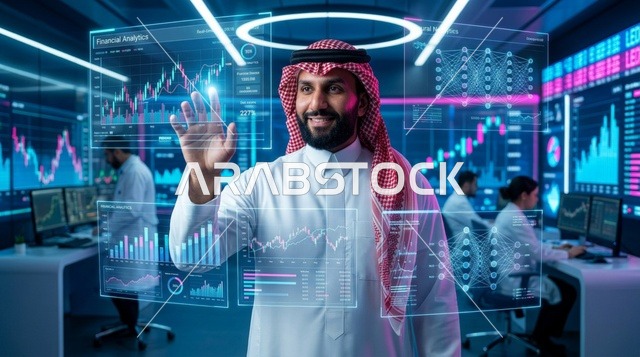رجل أعمال سعودي يتفاعل مع مخططات مالية افتراضية ذكية