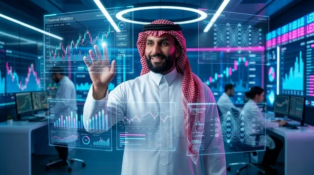 Saudi Businessman Interacting with Virtual Financial Charts