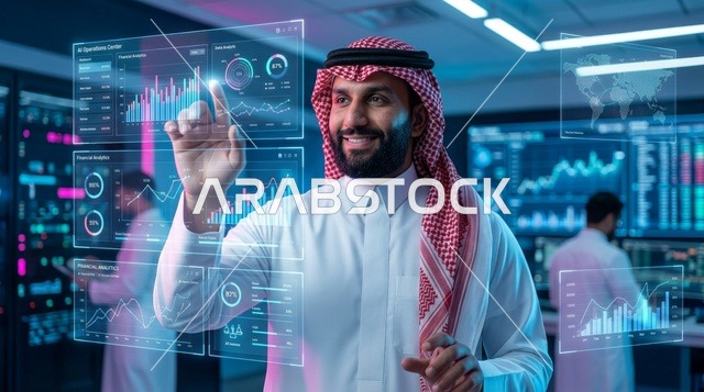 رجل سعودي يتفاعل مع هولوغرام في غرفة تحكم تقنية