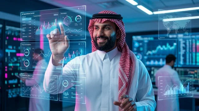 Saudi Man Interacting with Hologram in Tech Control Room