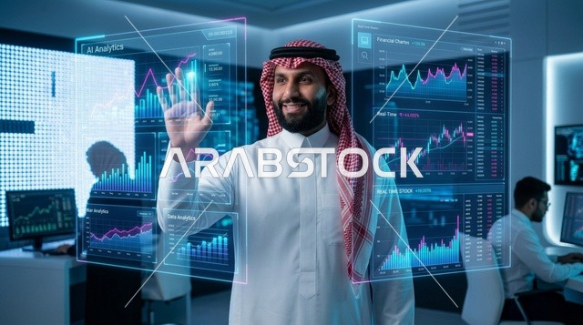 رجل أعمال سعودي يتفاعل مع شاشة هولوغرام في المكتب