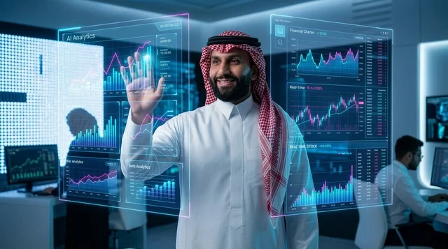 رجل أعمال سعودي يتفاعل مع شاشة هولوغرام في المكتب