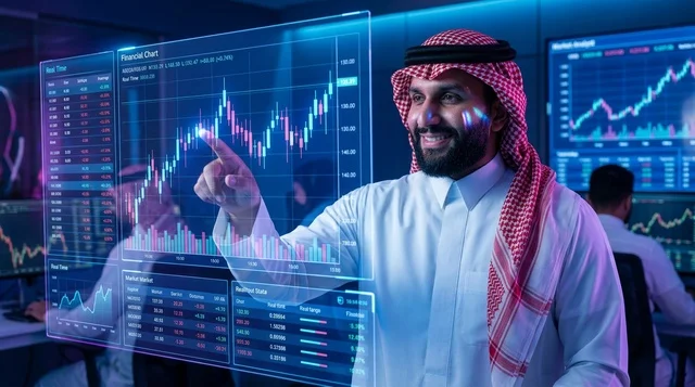 رجل أعمال سعودي يحلل الرسوم البيانية الرقمية للهولوغرام رجل أعمال سعودي يحلل الرسوم البيانية الرقمية للهولوغرام