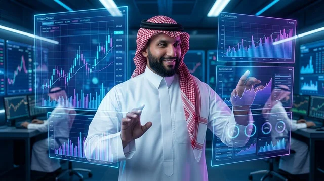 Saudi Businessman Interacting with Holographic Financial Charts