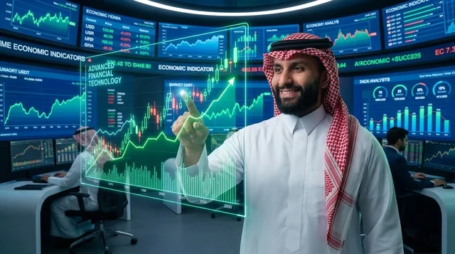 رجل أعمال سعودي يحلل مؤشرات الأسهم عبر شاشة تفاعلية