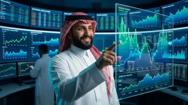 رجل أعمال سعودي يحلل مخطط البورصة الرقمي هولوغرام
