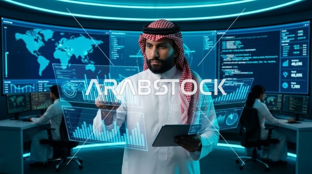 خبير تقني سعودي يحلل بيانات هولوغرامية في مركز التحكم