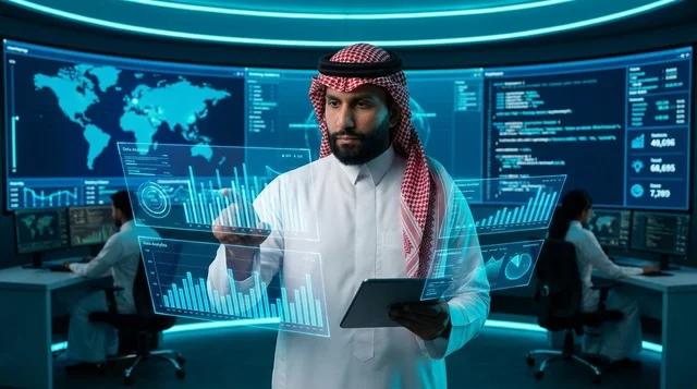 خبير تقني سعودي يحلل بيانات هولوغرامية في مركز التحكم