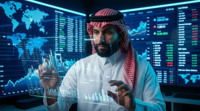 رجل أعمال سعودي يستخدم شاشة مالية هولوغرافية