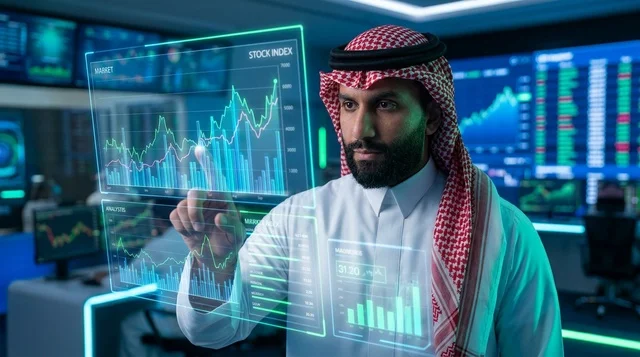 Saudi Businessman Using Holographic Stock Market HUD