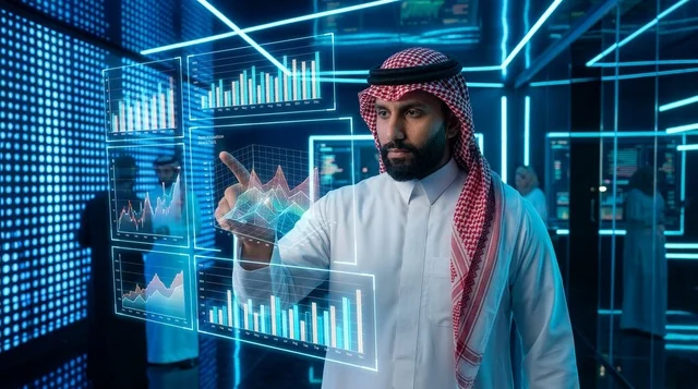 Saudi Businessman Using Futuristic Holographic Screen