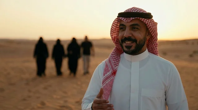 رجل سعودي بالزي التقليدي في الصحراء وقت الغروب