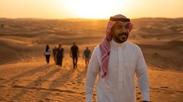Saudi Man in Traditional Thobe walking in Desert Sunset