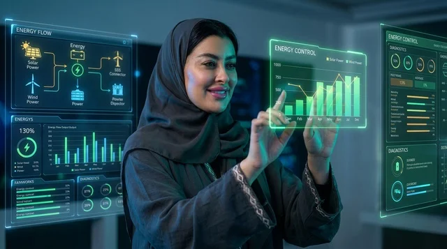 مهندسة سعودية تتفاعل مع شاشات الطاقة المتجددة