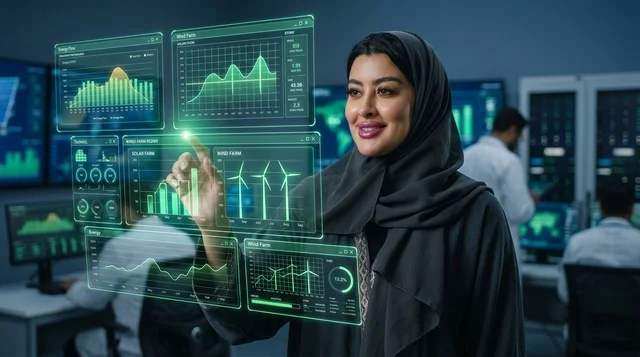 مهندسة إماراتية تراقب بيانات الطاقة المتجددة في مركز تحكم