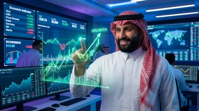 Saudi Businessman Interacting with Financial Growth Chart