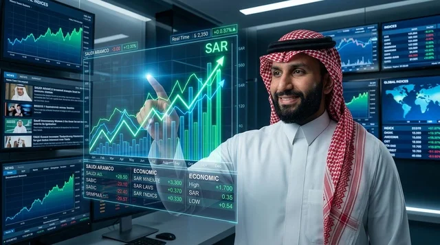 رجل أعمال سعودي يتفاعل مع شاشة هولوغرام لسوق الأسهم