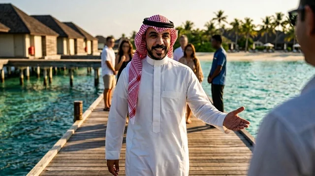 رجل سعودي يرتدي الزي التقليدي في منتجع سياحي استوائي