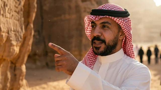 Saudi Man in Traditional Attire Pointing in Al-Ula