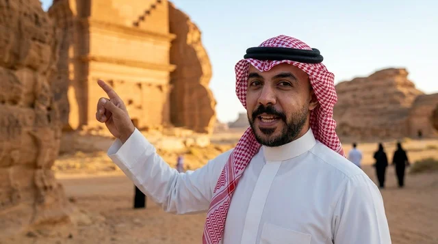 Saudi Man in Traditional Dress Pointing at Al-Ula Tombs