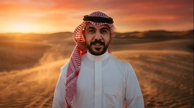 رجل سعودي بالزي التقليدي في الصحراء وقت الغروب