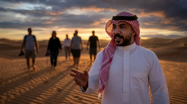Saudi Tour Guide in Traditional Thobe Desert Sunset