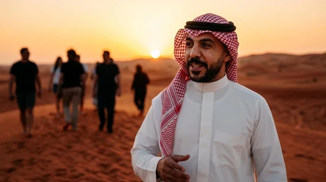Saudi Man in Traditional Thobe at Desert Sunset Safari