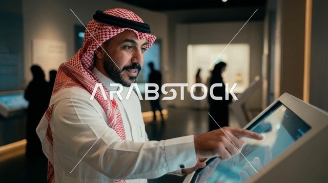 رجل سعودي يستخدم شاشة لمس تفاعلية داخل متحف حديث