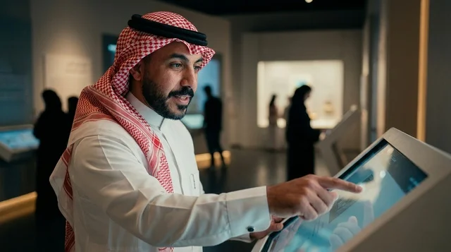 Saudi Man Using Interactive Touch Screen in Museum