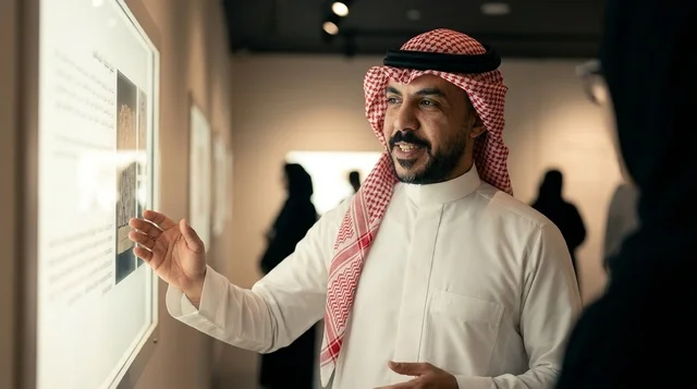 رجل سعودي بالزي التقليدي يشير إلى لوحة في متحف