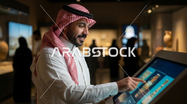Saudi Man Using Interactive Touch Screen in Museum