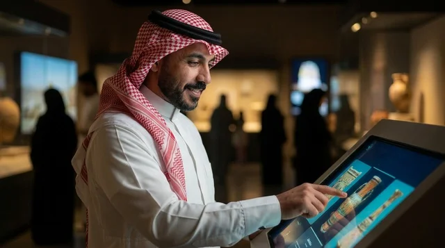 رجل سعودي يستخدم شاشة لمس تفاعلية في المعرض الوطني