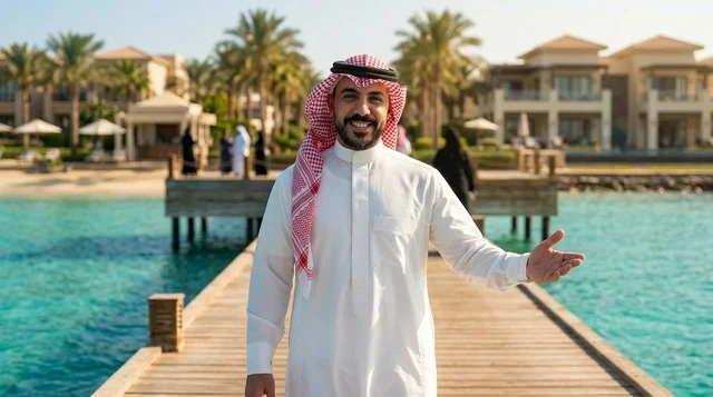Saudi Man in Traditional Attire at Beach Resort Pier