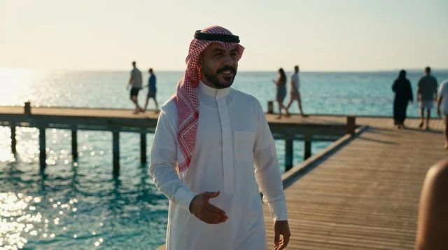 Saudi Man in Traditional Thobe on Wooden Sea Pier