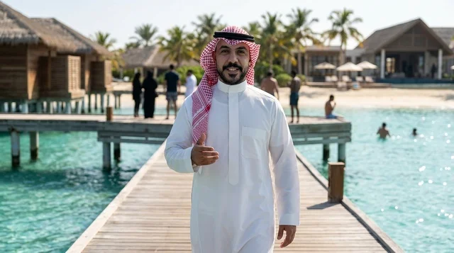 Saudi Man in Traditional Thobe at Beach Resort Pier
