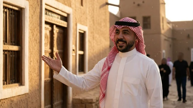 رجل سعودي باللباس التقليدي في موقع تراثي طيني