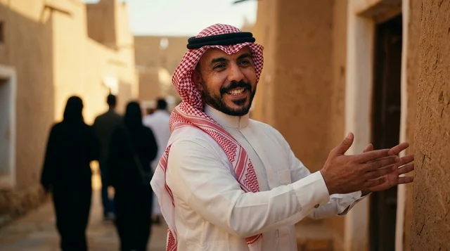 رجل سعودي بالزي التقليدي يرحب بزوار القرية التراثية