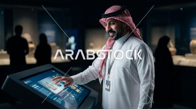 Saudi Man Using Interactive Touchscreen at Museum Exhibition