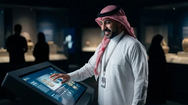 Saudi Man Using Interactive Touchscreen at Museum Exhibition