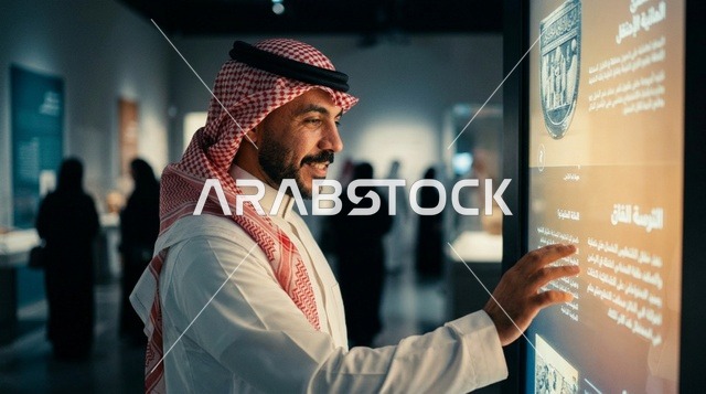مواطن سعودي يتفاعل مع شاشة تفاعلية داخل متحف تراثي