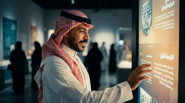 Saudi Man Interacting with Museum Digital Touch Screen