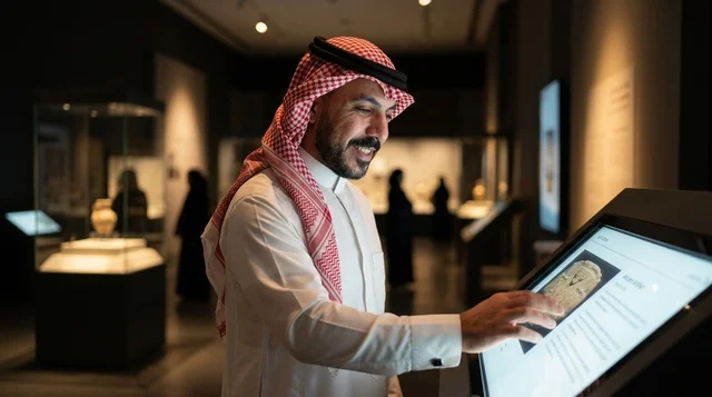 Saudi Man in Traditional Dress Using Museum Touchscreen