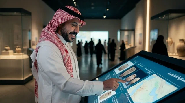 Saudi Man in Traditional Dress at Museum Digital Screen