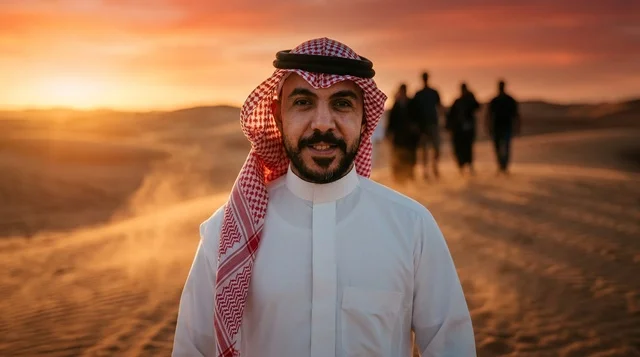 رجل سعودي بالزي التقليدي في الصحراء وقت الغروب