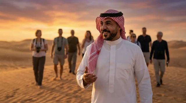 مرشد سياحي سعودي يقود مجموعة سياح في الصحراء عند الغروب