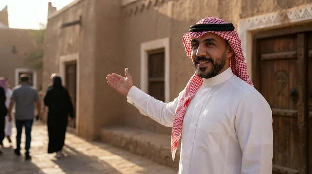 رجل سعودي يرتدي الزي التقليدي في قرية تراثية قديمة