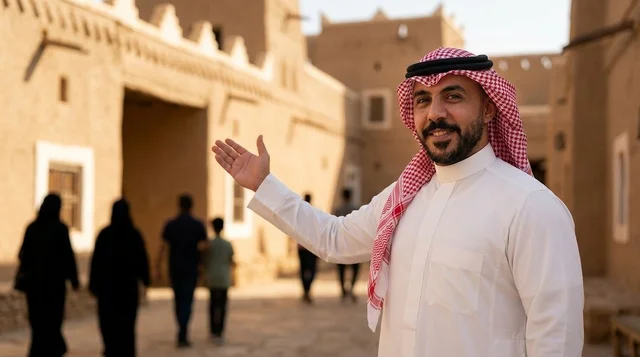رجل سعودي يرحب بالزوار في حي الطريف التاريخي بالدرعية