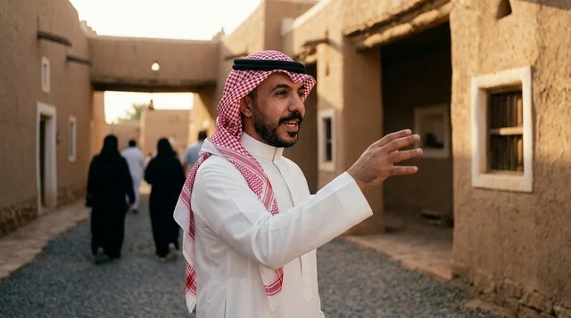 رجل سعودي بالزي التقليدي في قرية تراثية طينية
