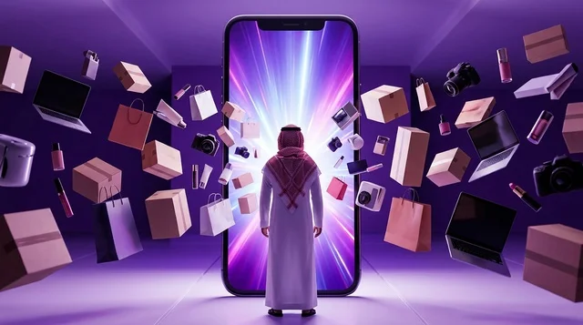 رجل سعودي يتسوق إلكترونيا عبر شاشة هاتف ذكي عملاقة