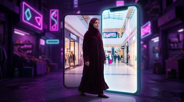 Arab Woman Stepping Out of Smartphone Neon Night Street